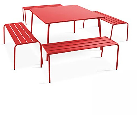 Oviala Palavas – Gartentisch-Set quadratisch und 4 Bänke aus Metall, Rot