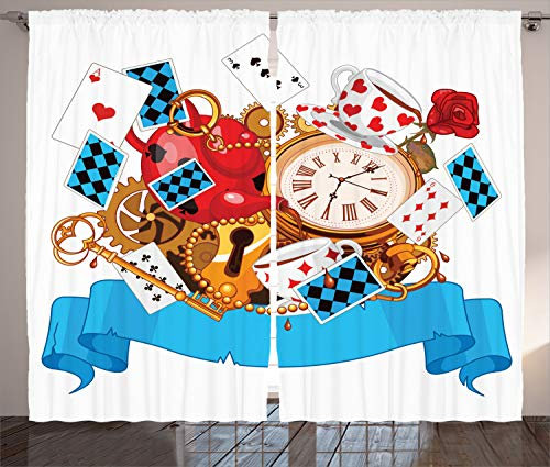 ABAKUHAUS Alice in Wonderland Curtains, Mad Design of Cards Clocks Tea Pots Keys Flowers Fantasy World Artwork, Living Room Bedroom Window Drapes 2 Panel Set, 102 L X 110 W, Multicolor