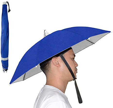 NEW-Vi Regenschirm-Hut, 63,5 cm, freihändige Regenschirmkappe für Erwachsene und Kinder, Angeln, Golf, Gartenarbeit, Sonnenschutz, Outdoor-Kopfbedeckung (blau/silberfarben, 2 Stück)