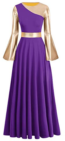 IBAKOM Women Adult Metallic Gold Color Block Long Sleeve Praise Dance Worship Robe Dress Loose Fit Full Length Liturgical Tunic Circle Skirt Lyrical Dancewear Swing Gowns Ballet Costume Purple-Gold M