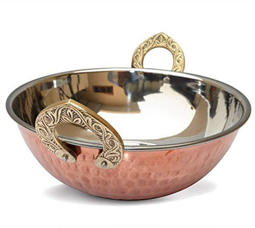 Set of 2 Indian Copper Serveware Karahi Vegetable Dinner Bowl with Solid Brass Handle for Indian Food Serving Bowls for Cereal, Soup, Cooked Food Party Serve Ware, Steel Handi (13 cm)
