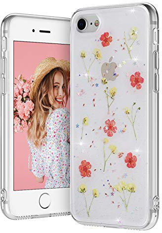 EYZUTAK Dried Flower Case for iPhone SE(5G) 2022 iPhone 7 iPhone 8 iPhone SE 2020, Bling Glitter Sequin Shockproof Clear Floral Pattern Silicone Gel Back Cover Protective Case - Pink+Yellow