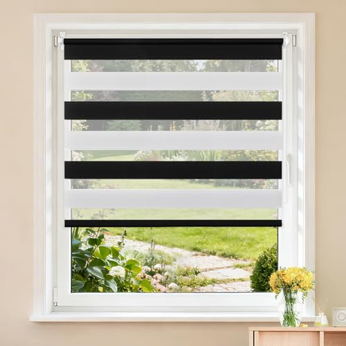 Buseu Store Enrouleur Jour Nuit sans Perçage, Noir-Blanc, 85 x 150 cm | Largeur du Tissu 85 cm, Rideau Translucide & Occultant, Fixation par Clips, Pour Fenêtre & Porte de Salon, Bureau, Chambre