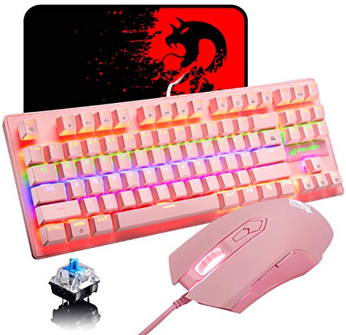 Mechanical Gaming Keyboard Blue Switch Mini 82 Keys Wired Rainbow LED Backlit Keyboard,Lightweight Gaming Mouse 6400DPI Honeycomb Optical,Gaming Mouse Pad for Gamers and Typists(Pink)
