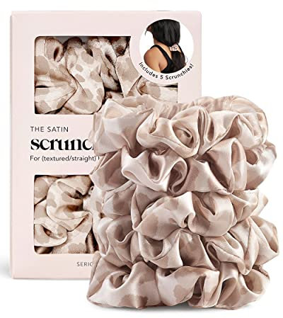 Kitsch Satin-Haargummis - Weicher als Seide, Vorbeugung von Frizz | Für Mädchen & Frauen | Niedliches Styling - 5 Stück (Leopard)