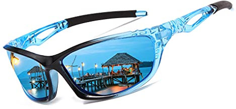Long Keeper Polarised Sports Sunglasses For Men Women UV Protection Eyewear For Cycling Golf Fishing Running Sunglasses (Black Blue Frame Blue Lens)