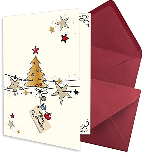 200x kleines Weihnachtskarten-Set DIN A7 in Weiß mit Weihnachtsbaum und Sternen - Faltkarten mit Umschlägen DIN C7 Dunkelrot (Rot) mit Nassklebung - Weihnachtsgrüße für Firmen und Privat