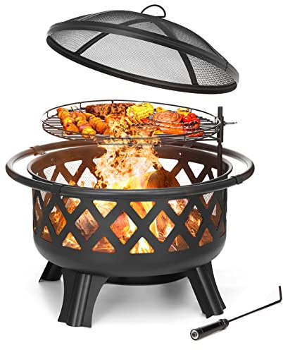 2-in-1-Feuerstelle mit Grillrost, 76,2 cm, Holzfeuerstelle für den Außenbereich, Stahl-Feuerstelle mit Schwenkgrill, Funkenschutz, Schürhaken für Hinterhof, Garten, Lagerfeuer und Terrasse