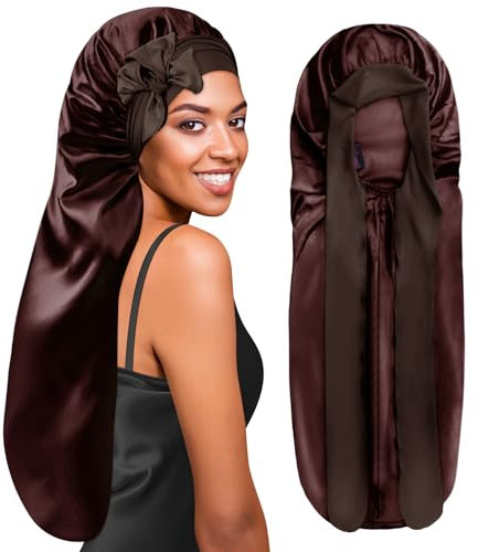 BONNET QUEEN Silk Bonnet for Sleeping Long Hair & Braids Extensions Hair, Satin Long Bonnet for Women, Adjustable Silk Scarf Night Cap with Tie Band, Chocolate