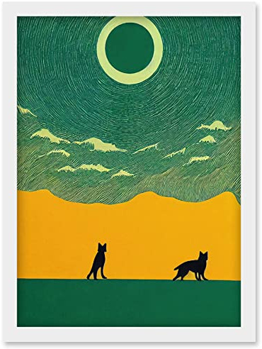 Wee Blue Coo Abstract Wolves Minimalist Surreal Sky Green Yellow Artwork Framed Wall Art Print A4