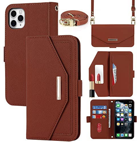 Cavor Case compatible with iPhone 11 Pro Phone Case With Strap,Crossbody Flip Leather Wallet Case,[5 Card Holder][Mirror][Magnetic],Lanyard Case Cover for women - Brown