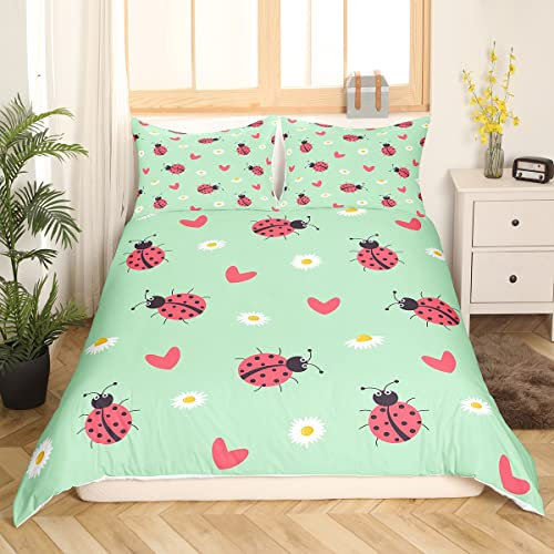 Rotes Marienkäfer Bettwäsche 135x200 Niedlicher Cartoon Marienkäfer Reptil Bettbezug für Kinder Jungen Mädchen Jugend Weiße Gänseblümchen Blumen Bettwäsche Set Kawaii Liebesherzmuster Grüne Bettbezug