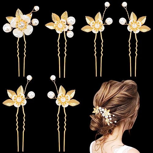 MELLIEX 6 Stück Haarschmuck Hochzeit, Blumen Perlen Braut Haarschmuck, U-Förmige Haarnadeln Hochzeit, Brautschmuck Haare Für Frauen Und Mädchen, Gold