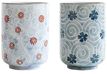 JTBDWOSK Tasses À Thé Japonaises Tasse en Céramique Tasse Fleur Traditionnelle Japonaise Beau Design 2Pcs Tasses À Thé 10 OZ,Bleu