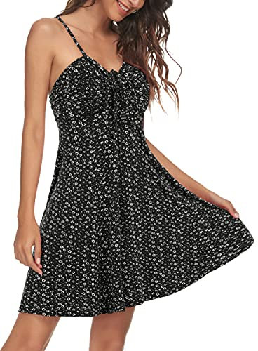 Missufe Blumenkleid Sommerkleid Spaghettiträger Swing Freizeitkleid Damen Cami Kleider (schwarz, klein)