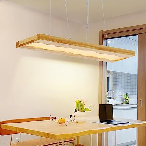 Lustre LED Pendentif Table En Résine De Bois Pendant Lampe Plafonnier Réglable 40W Avec Télécommande Lumière À Suspension Hauteur Réglable Panneau De Chêne Moderne Suspendue Cuisine Salon Bureau Café