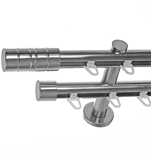 BASIT Gardinenstange Innenlauf Edelstahllook 20mm 2-läufig Wand 200cm H40 | Gardinenstangenset doppelläufig Wandmontage Metall Vorhangstange Wandhalterung 120-600cm wählbar Kappe Zylinder E34