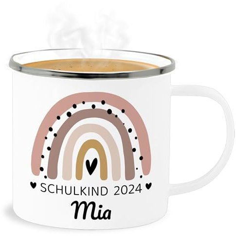 Emaille Becher Blechbecher - Einschulung Schulanfang Tasse - Regenbogen Schulkind 2025-300 ml - Weiß Silber - 2023 schulanfänger 2024 tassen namenstasse einschulung-schulkind name blech