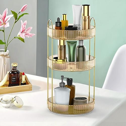 Kssvzz 360° Make Up Organizer Drehbar, Parfüm Organizer, Skincare Organizer, Kosmetik Organizer, Multifunktional Organizer für Schminktisch, Schlafzimmer, Badezimmer (Gold, 3 Tier)