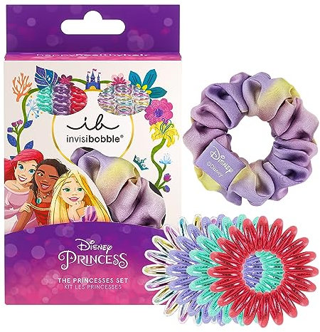 invisibobble KIDS The Disney Princesses – 7er Set: 1 Scrunchie & 6 Spiral Haargummi, Mehrfarbig – Haarschmuck Mädchen, Haargummis Mädchen Set, Exklusives Scrunchies & Haargummi-Set