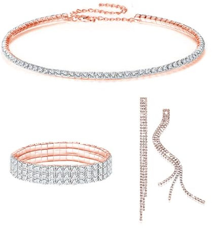 FDEETY Jewelry Set for Women Rhinestone Crystal Necklace Bracelet Drop Dangle Earrings Set Hypoallergenic Wedding Bride Bridesmaids Jewelry Set (Rose Gold)