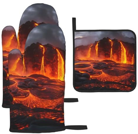 Kilauea Ofenhandschuhe und Topflappen, Motiv: Vulkan, bedruckt, wasserdicht, hitzebeständig, Handschuhe und Topflappen mit Aufhängeschlaufe, 3 Stück