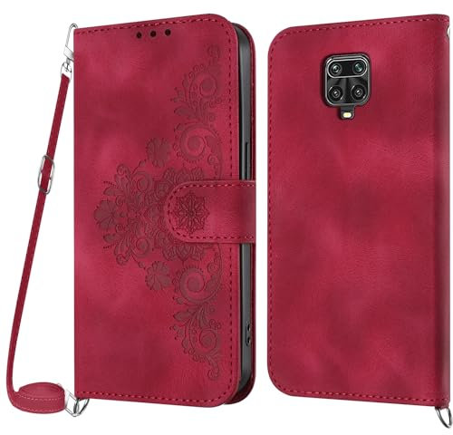 Netany Handykette Hülle für Xiaomi Redmi Note 9 Pro/Note 9S/Note 9 Pro Max, Handyhülle Hülle mit Kette Klappbar, PU Leder Necklace Klapphülle und Umhängeband Lanyard Flip Schutzhülle mit Band (Rot)