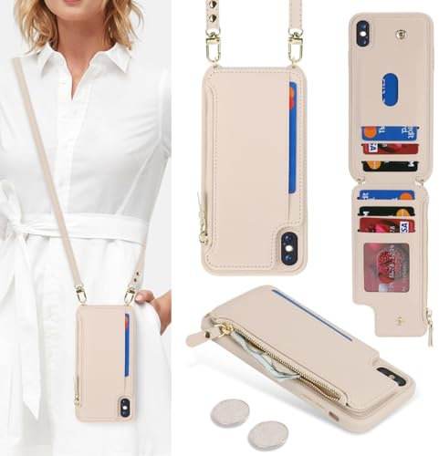 SailorTech Coque pour iPhone XS Max Étui avec Porte-Cartes de crédit, Etui pour iPhone XS Max Housse avec Courroie de Cou Portefeuille avec Fentes pour Cartes de crédit-Abricot