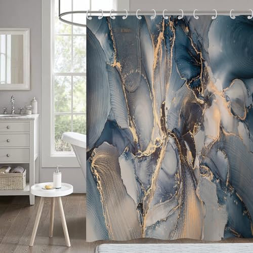 Hnmdmyi Marble Shower Curtain 180x200, Abstract Navy Blue Grey Gold Glitter Bathroom Curtains Modern Luxury Ombre Crystal Texture Ink Art Waterproof Polyester Fabric Washable Bath Curtain with Hooks