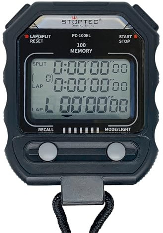 Stoptec Stoppuhr PC-100 EL | Digital | Dreizeiliges Display | Uhrzeit & Datum | Alarm | Zwischenzeitmessung | Schlagzahlmessung | Druckpunktmechanik | LED-Beleuchtung | Spritzwasserfest | 100 Memory