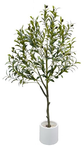 Künstlicher Olivenbaum, 1,2 m, künstliche Olivenzweigblätter, Pflanze mit weißem Topf, perfekter künstlicher Formschnitt-Seidenbaum für den Innenbereich, Zuhause, Büro, Wohnzimmer, Dekoration