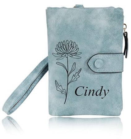 INBLUE Personnalisé Cuir Portefeuille pour Femme Gravé Fleur de Naissance avec Nom Portefeuille Petit Tri-Pli Zippé Porte Monnaie avec Dragonne Cadeau Personnalisé pour Fête des Mères - Vert