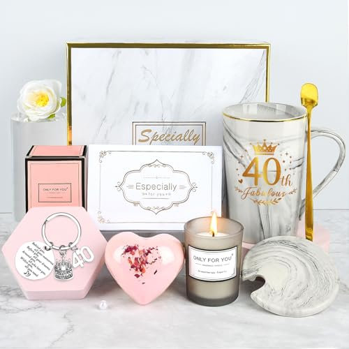 TOLOYE 40th Birthday Gifts for Women, Mum Birthday Present with Candle, Key Chain, Card, Mug, Unique Presents for Women, Happy 40th Gifts for Best Friend, Mom, Sister, Wife