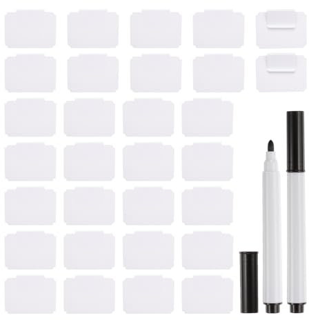 sourcing map Basket Labels for Storage Bins, 30Pcs Reusable Removable Bin White Basket Labels Clip-On with 2Pcs Black Chalk Marker Bin Labels for Bin Clips, Basket Tags (Square)
