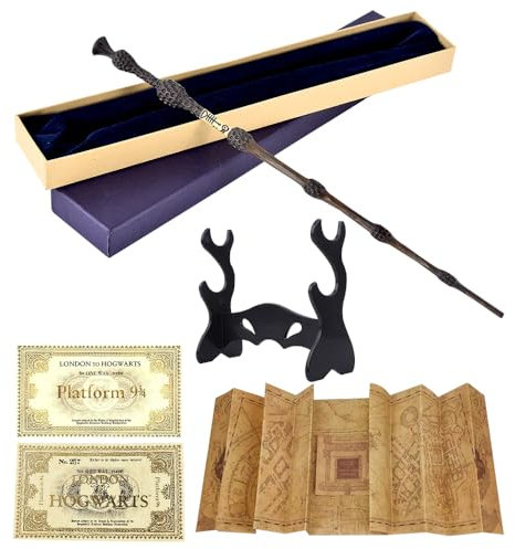 CJBIN Baguette Dumbledore, 37CM Baguette de Sureau avec Noyau Acier, Dumbledore Baguette Boîte Cadeau avec Carte, Billet et Support de Bbaguette Noire