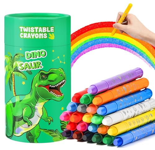 JYPS Ceras de Colores para Niños, 24 Colores Brillantes y No-Tóxicos Ceras Set con Dinosaurio Portalápices, Lavables Pinturas para Bebe 1-3 año para Colorear y Pintar, Uministros de Arte para Niños