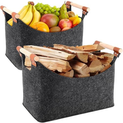 2 Stück Holzkorb für Kaminholz | Faltbarer Brennholzkorb | Kaminholzkorb | Aufbewahrungskorb | Holzkorb Filztasche aus Extradickem Filz für Holz, Spielzeug, Kleidung, Zeitung, Brennholz, 40 x 22 x 27