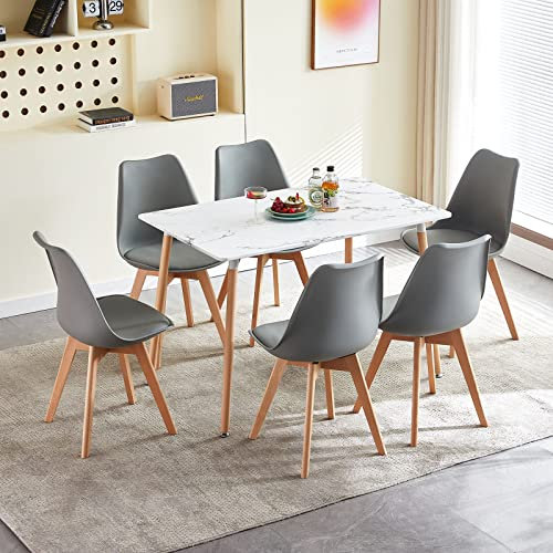 LafeuR Esszimmergruppe Esstisch mit 6 Stühlen Essgruppen, Rechteckig Küchentisch-Set für 6 Personen Sitzgruppe für Wohnzimmer Küche Büro(Marmor Tisch+6 Grau Esszimmerstühle)