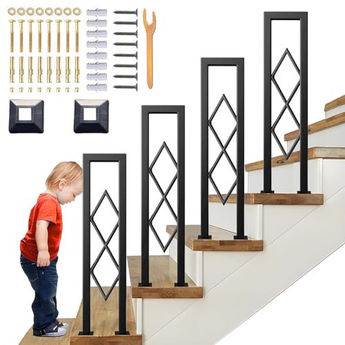 SCGSJZH Barandilla Escalera Forma de U, Hierro Forjado Pasamanos con Patrón de Diamante, Mate Negro Seguridad Baranda para Interior Loft, Pasos Entrada, Exterior (90cm)