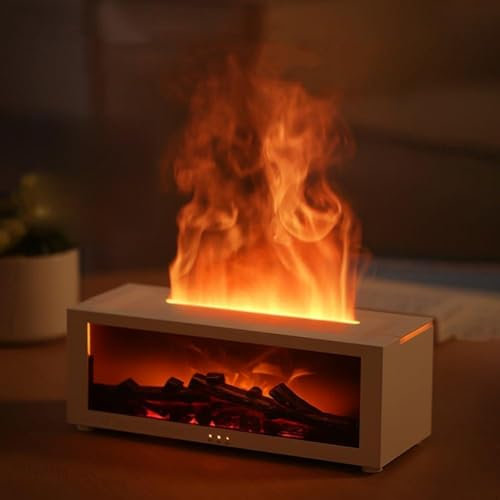 PETSTIBLE Flammen-Feuer-Diffusor, Luftbefeuchter, 3D-Flamme, Kamin, Aromatherapie, Maschine, bunter Luftbefeuchter mit Fernbedienung, für Zuhause, Büro, Spa (weiß)