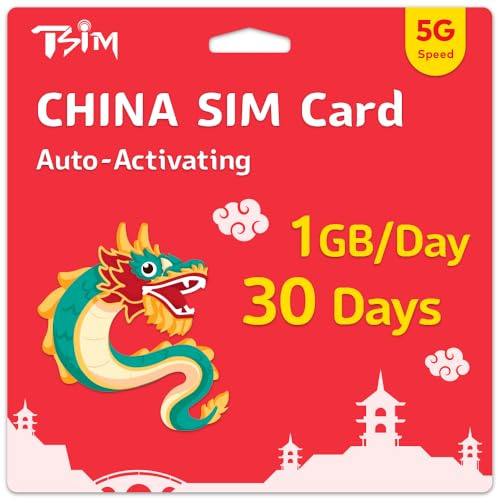 China SIM-Karte 30 Tage | 1 GB/Tag 5G-Geschwindigkeit | Automatische Aktivierung | Hotspot-Freigabe erlaubt | Unterstützt Google, Facebook, Whatsapp und mehr. Nur Daten, Keine Telefonie.