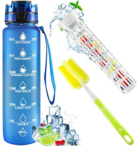 semai Water Bottle with Straw,Plastic Drinks Bottle,1 Litre Sports Water Bottles with Time Markings