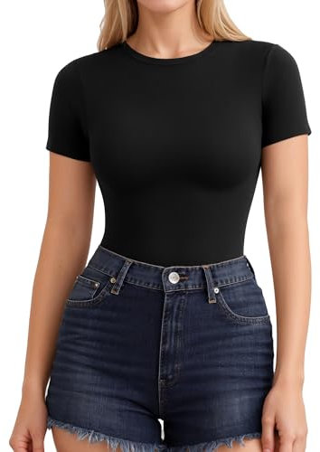 ALGALAROUND T-Shirts for Women Fitted Crew Neck Short Sleeve T-Shirts Summer Basic Womens Tops for Ladies Going Out Black
