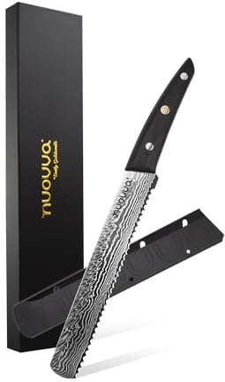 nuovva 8 Inch Bread Knife – Serrated Japanese Steel Bread Knives – 67 Layer Damascus Steel with Hand-Polished Rosewood Handle – Sheath & Gift Box Included
