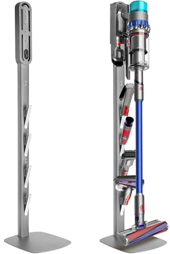 Huquter Staubsauger Ständer, kompatibel mit Dyson V16 Gen5 V15 V12, Silber | Verstärkter Standfuß, Zubehörhaken, Kohlenstoffstahl, freistehend, für V16 Gen5 V15 V12 V11 V10 V8 V7 V6 und Zubehör