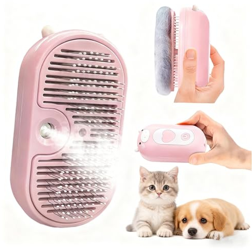 Katomi Dampfbürste Katze, Selbstreinigende Katzenbürste mit Wasser-Spray, Tierhaarentfernungsbürste für Langhaar & Kurzhaar, Wiederaufladbare Pflegebürste mit Massage für Hunde & Katzen, Rosa