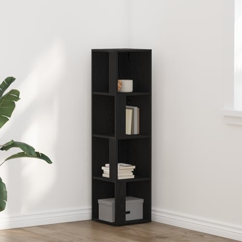 WRJENFSC Eckschrank aus massiver Eiche Schwarz 33x33x132 cm Moderner Stauraum Schrank mit 5 Regalen für Wohnzimmer und Arbeitszimmer
