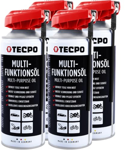 TECPO Multifunktionsöl 4x 400ml Multifunktionsspray Schmiermittel Sprühöl Rostlöser Kriechöl mit klappbarem Sprührohr schmiert, schützt, reinigt, fettet mit Verschleiß- und Korrosionsschutz