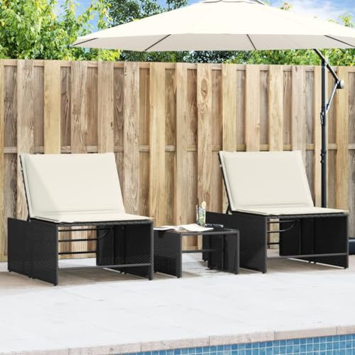 Frdhee Gartenstühle Liegestühle,Modulare Sonnenliegen 2 STK. mit Tisch Schwarz Poly Rattan,Schlafsessel für Urlaub,Garten,Camping,Park