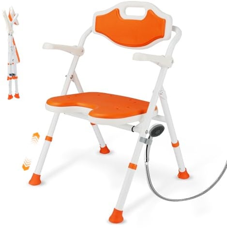 UOJYAIP Plegable Silla Ducha Personas Mayores con Reposabrazos y Respaldo abatibles, Silla para Ducha Altura Ajustable con Soporte para Cabezal de Ducha, Capacidad de Carga 120 Kg